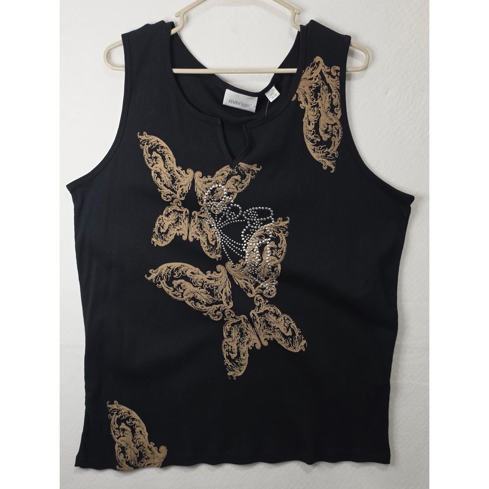 Avenue Womens Plus Size 26/28 Black Ribbed Rhinestone Graphic Tank Top